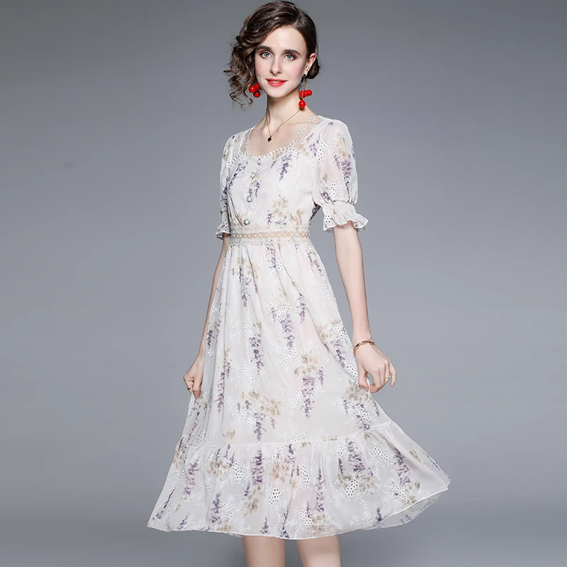 

High Quality Summer Floral Holiday Dress Elegant Women Square Collar Embroidery Patchwork Lace Short Sleeve Long One Piece Dress