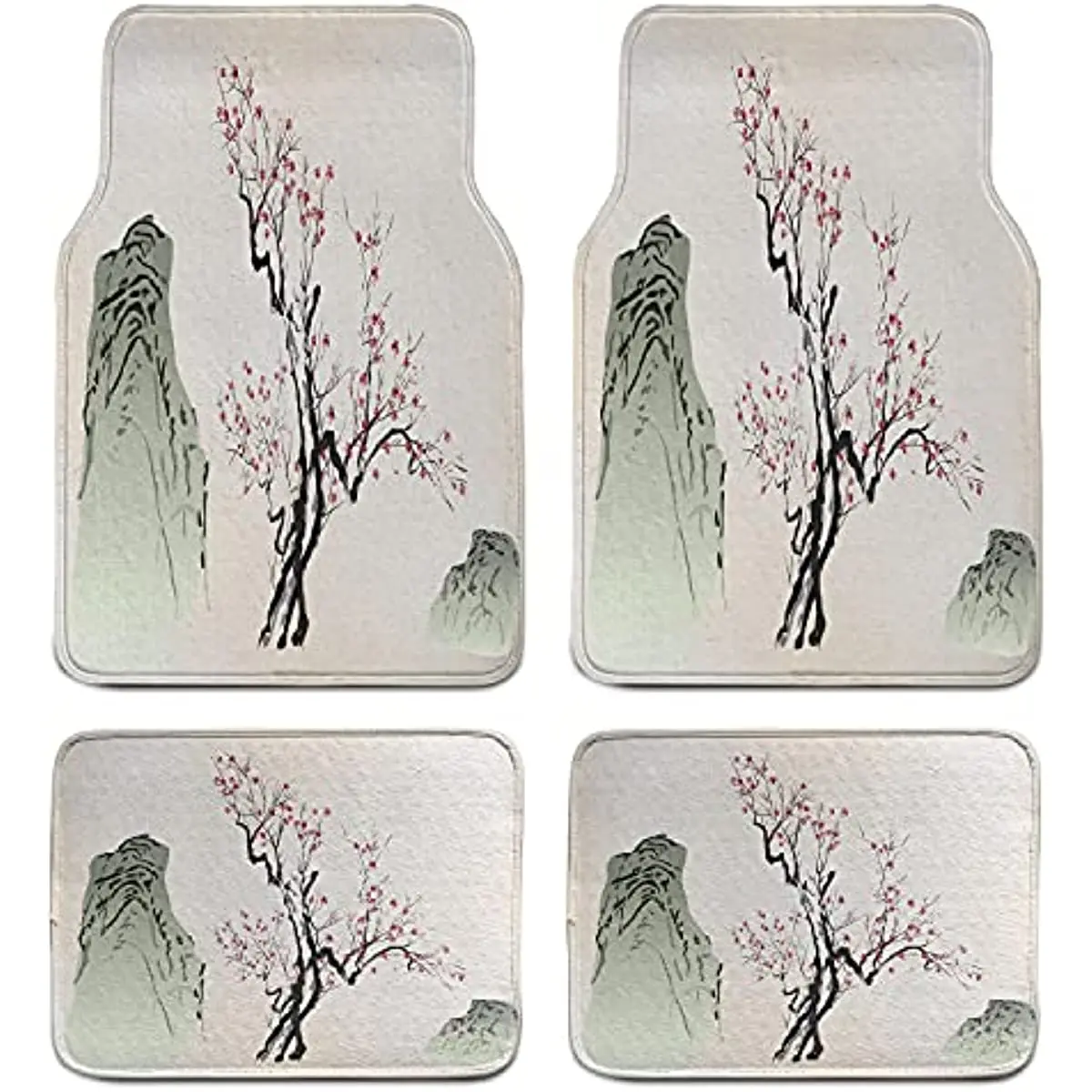 

Lunarable Cherries Car Mat Set of 4, Blossom Style with Branches Rocks, Front & Back Seat Floor Mat Durable PVC Backing Car Acce