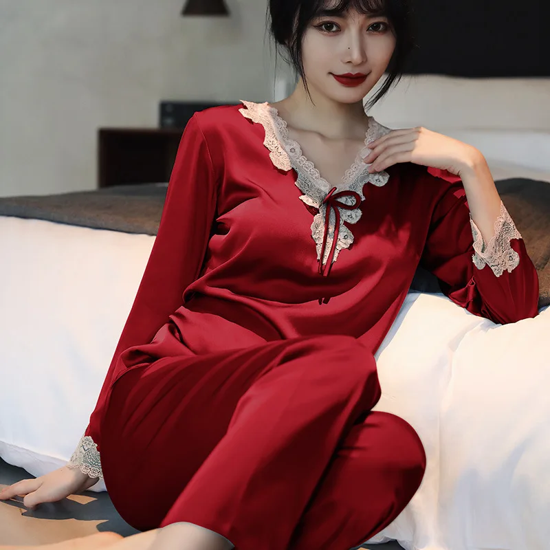 New Spring, Summer and Autumn Thin Type Silk Long Sleeve Lace Casual Women's Ice Silk Pajamas Pullover Pajamas