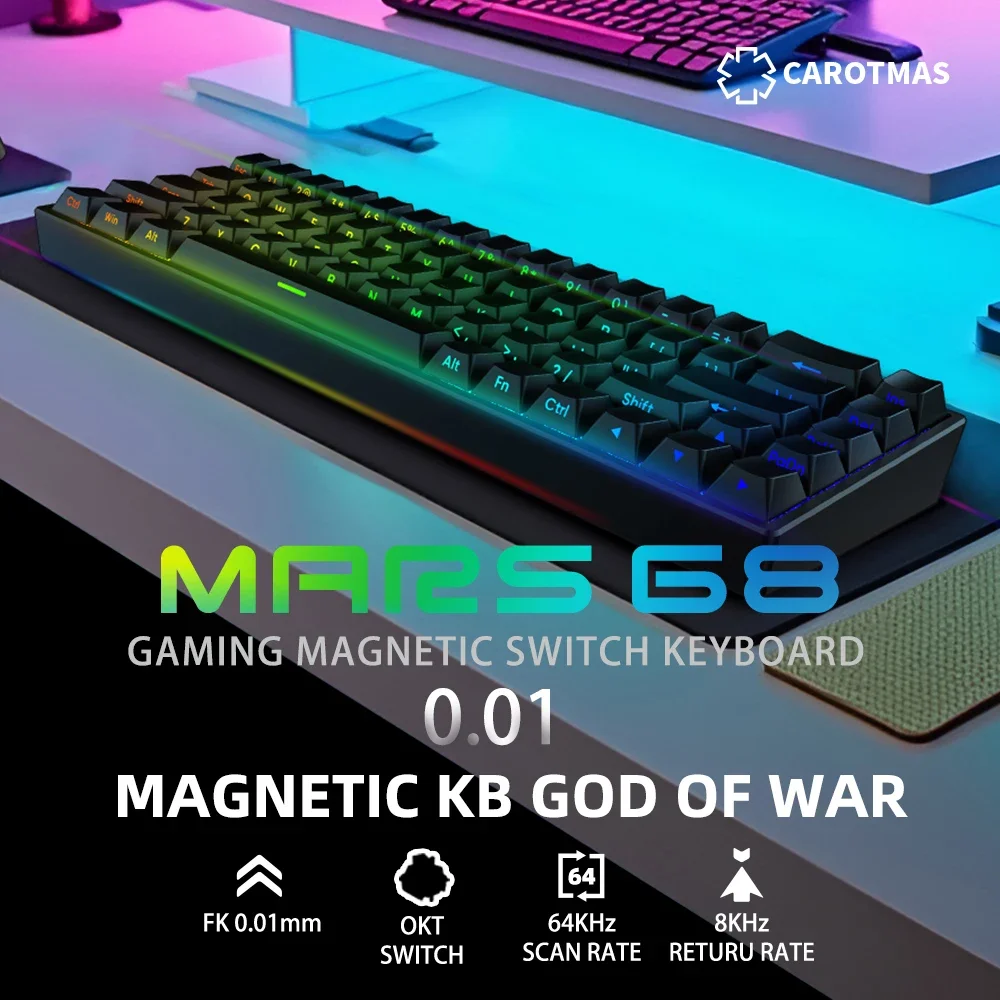 Фото Игровая клавиатура CAROTMAS Mars68 pro с магнитным переключателем 0,01 мм, механическая клавиатура с быстрым триггером, 8K, с возможностью горячей замены, SOCD, Wried/Wireless/Bt №2