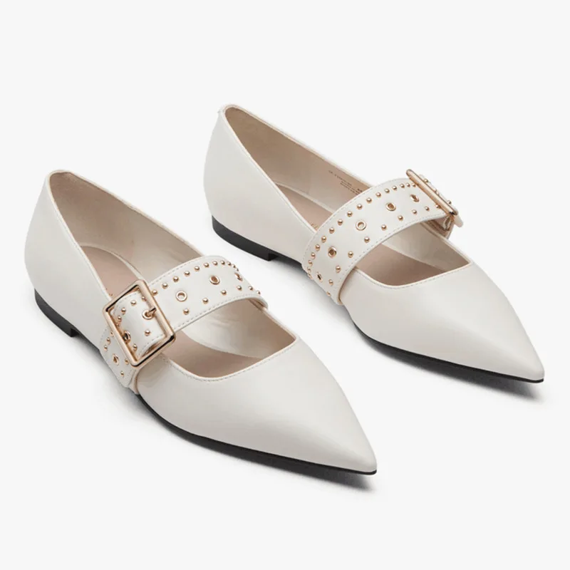 New Woman Flats Pointed Toe Ballerina Women Leather Belt Strap Shoes Ladies Shallow Slip On Ballets OL Office Dress Work Loafers