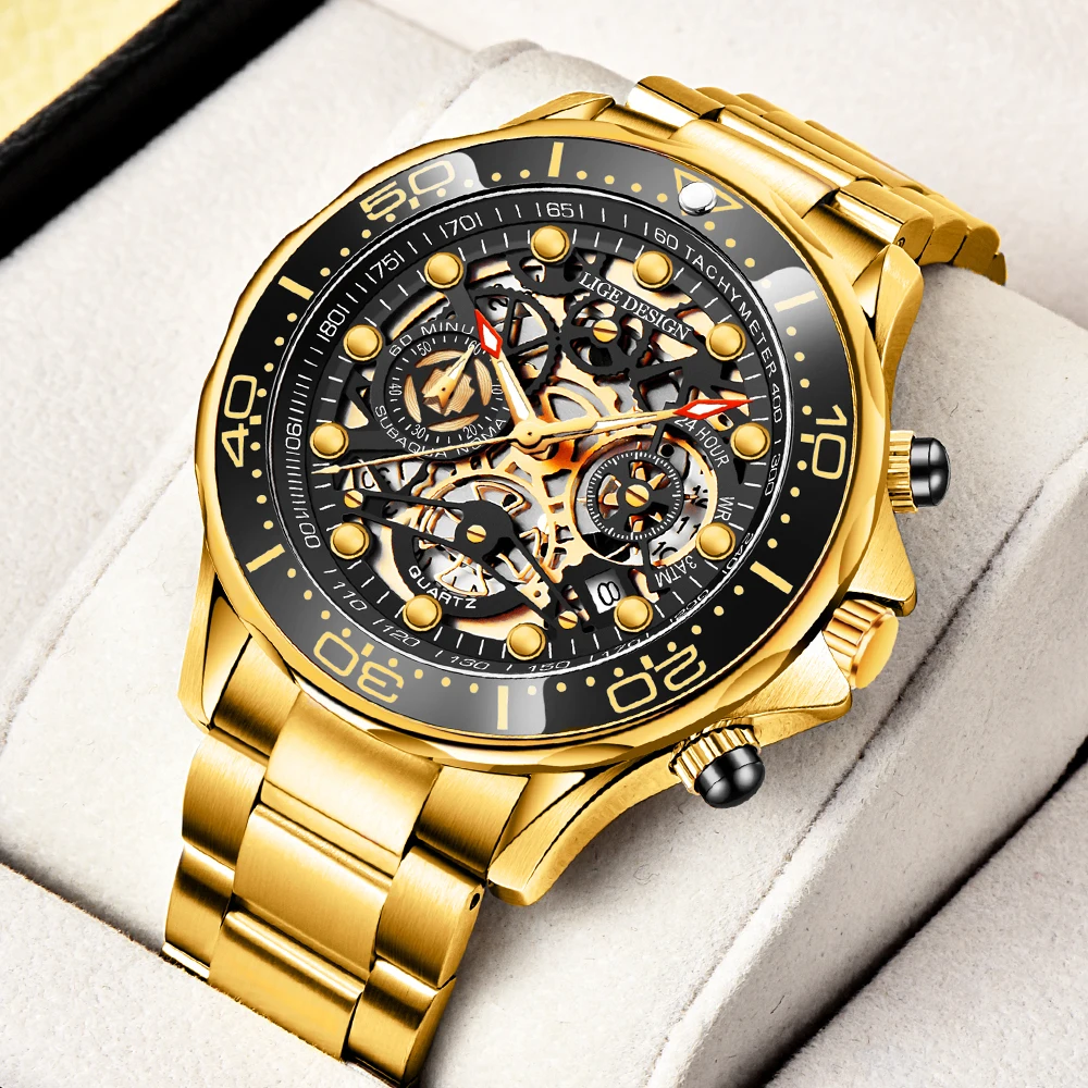 LIGE Fashion All Gold Mens Watches Top Brand Luxury Stainless Steel Quartz Watch For Men Waterproof Sport Clock Male Chronograph |