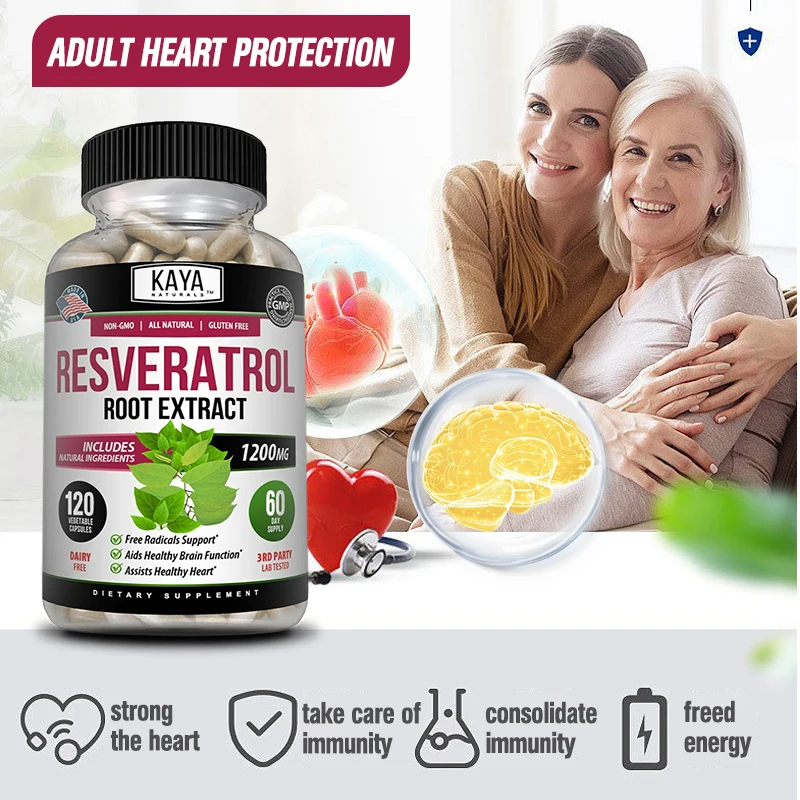 

Resveratrol Capsules - Antiaging Supplement, Antioxidant, Lowers Blood Pressure, Promotes Cardiovascular Support