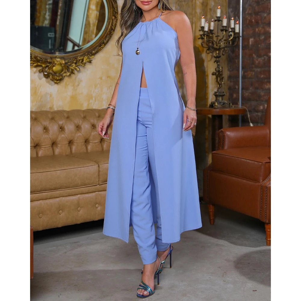 

Summer Women High Slit Longline Halter Top & Pants Set Fashion Femme Sleeveless Solid Casual Two Pieces Outfits Robe Clothing