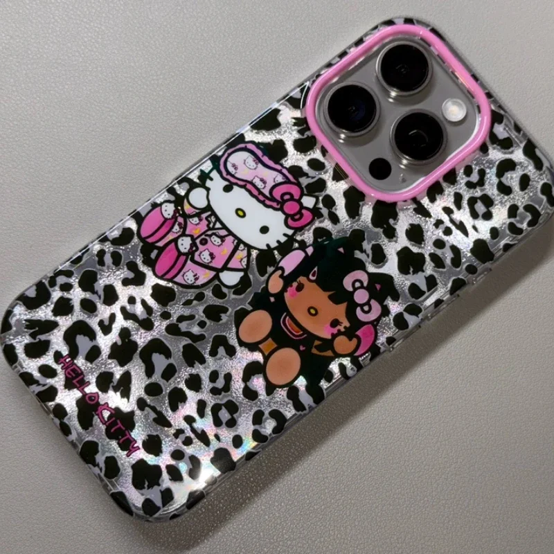 Чехол Kawaii Tan Hello Kitty с леопардовым принтом Y2K для iPhone 16 15 14 13 12 Pro Max Sanrio креативный