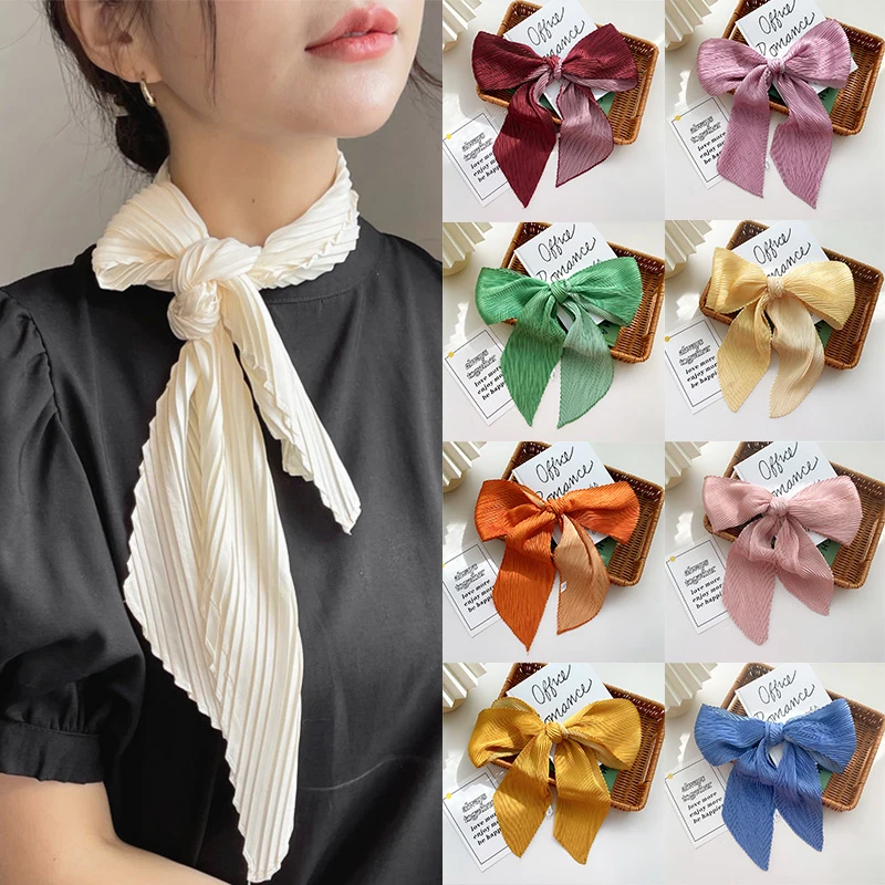 

130cm Solid Color Long Pleated Scarf for Women Narrow Ribbon Headscarf Female Neckerchief Bag Ribbon Bandana Shawl Accessories