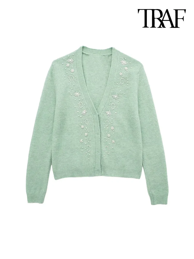 

Женский вязаный кардиган с искусственным жемчугом, с длинным рукавом