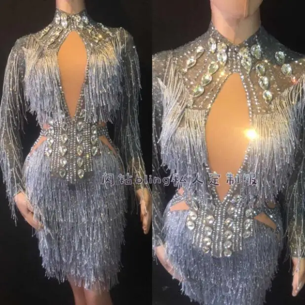 

Vestido Sexy con borla de diamante, traje de cantante de negocios de baile latino, falda a la cadera, color gris y plateado