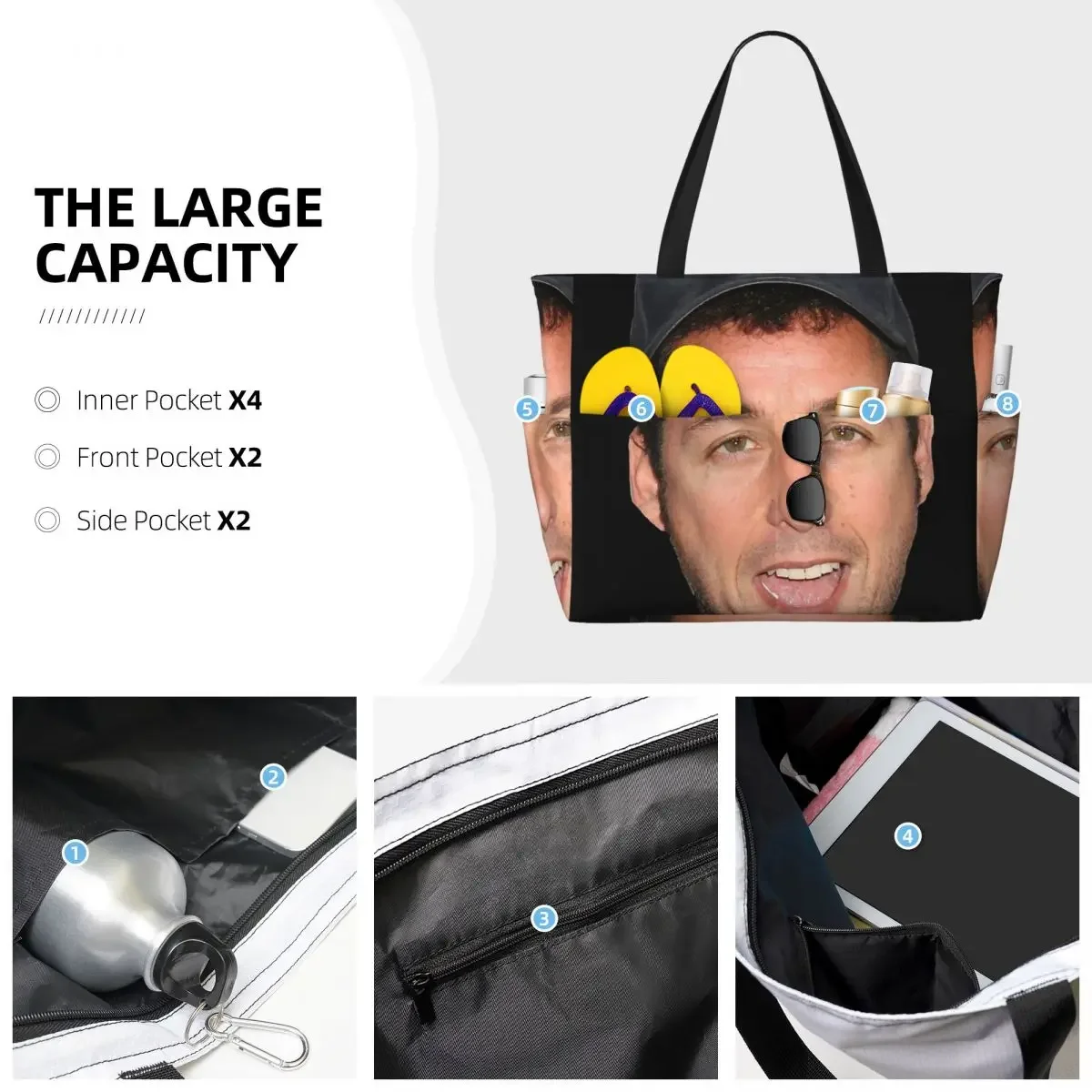 Фото Сумка-тоут с принтом «The Face Meme» и улыбкой Адама Сандлера, пляжная сумка, спортивная сумка для спортзала и йоги, большая сумка-тоут, женская дорожная сумка, сумка для фитнеса №3