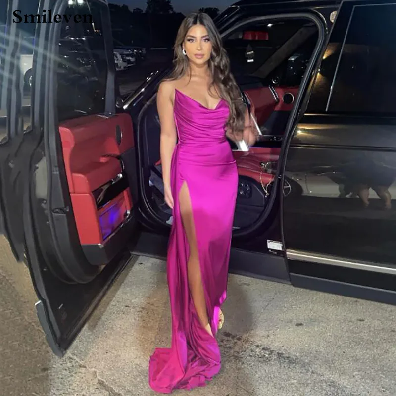 

Hot Pink Mermaid Formal Evening Dresses Real Photos Sexy Side Split Strapless Prom Dresses Pleats Lacing Back Party Dress robes