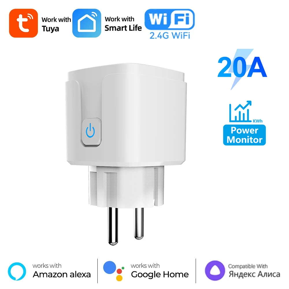 Умная розетка Tuya Wi-Fi Smart Plug Розетка ЕС 20A/16A с мониторингом мощности Smart Life Управление через приложение Поддержка голоса Google Home Alexa