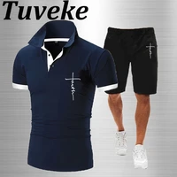 20222 tuveke mens faith print casual drawstring solid color suit sports versatile breathable polo top mens five point pants