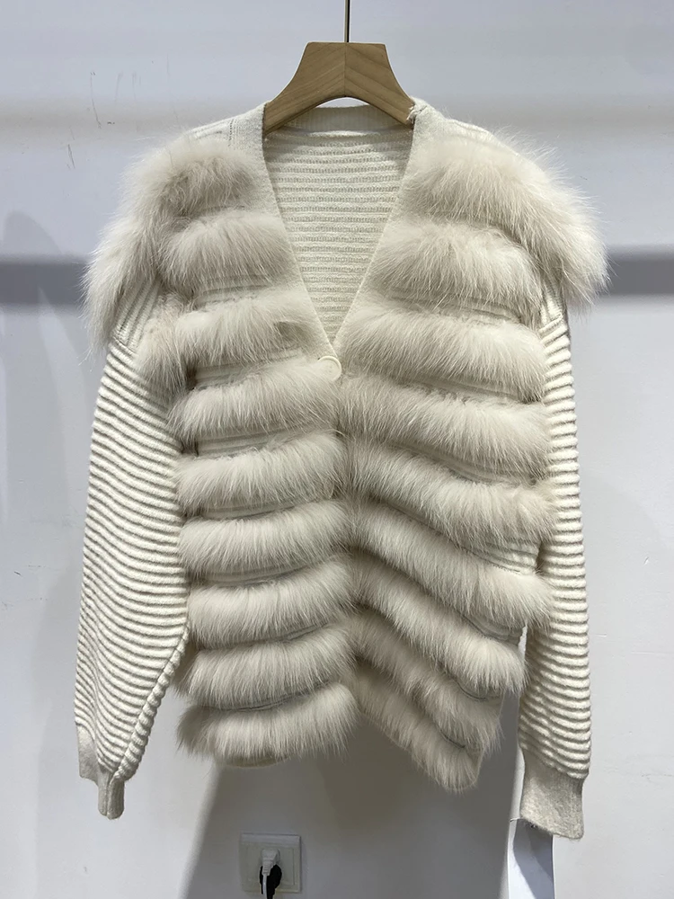 

Женское зимнее вязаное пальто оверсайз из натурального Лисьего меха, сезон осень-зима 2023, вязаная Свободная куртка из лисьего меха, женский свитер, пальто