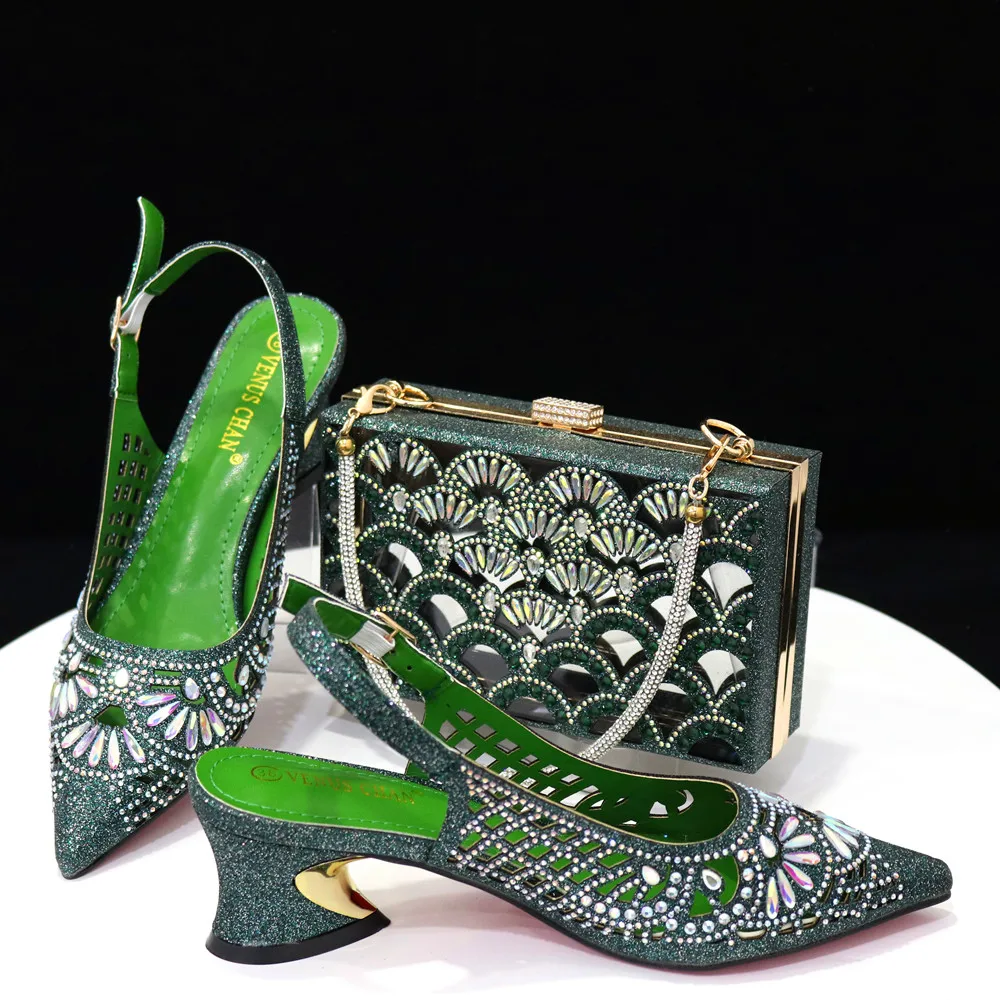 

Sandals Woman Summer 2023 Newest Party Shoes Ladies Shoes and Bag SetFull Diamond Butterfly Design in Green Color