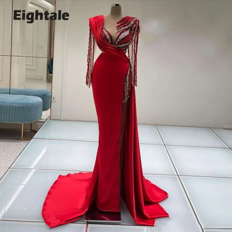 

Eightale Arabic Evening Dresses with Pearls O Neck Beaded Long Sleeve Dubai Prom Gown Red Mermaid Satin Celebrity Party Dress