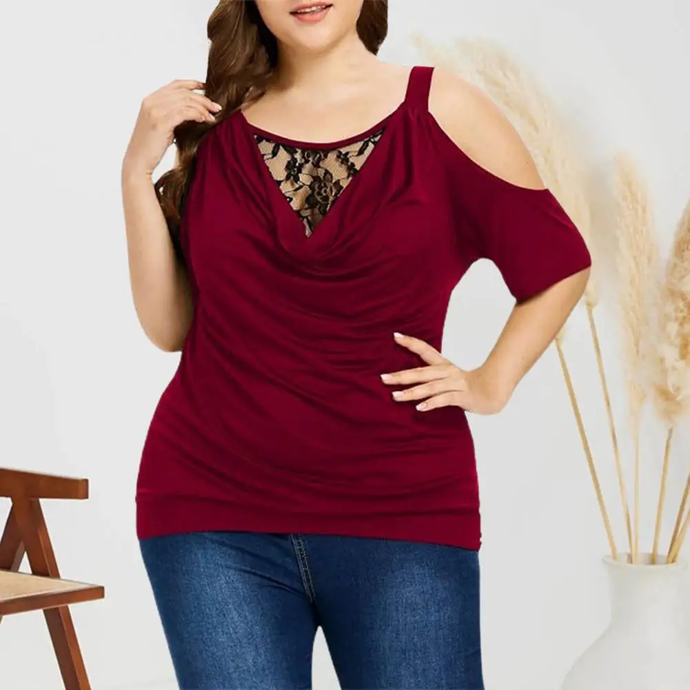 

XL-5XL Women Summer T-shirt Round Neck Lace Patchwork Short Sleeves Hollow Out Off Shoulder Solid Color Plus Size Female Top