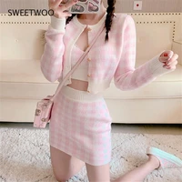 sweet plaid three piece womens new o neck single breasted long sleeved loose sweater with short strap two piece set skirt