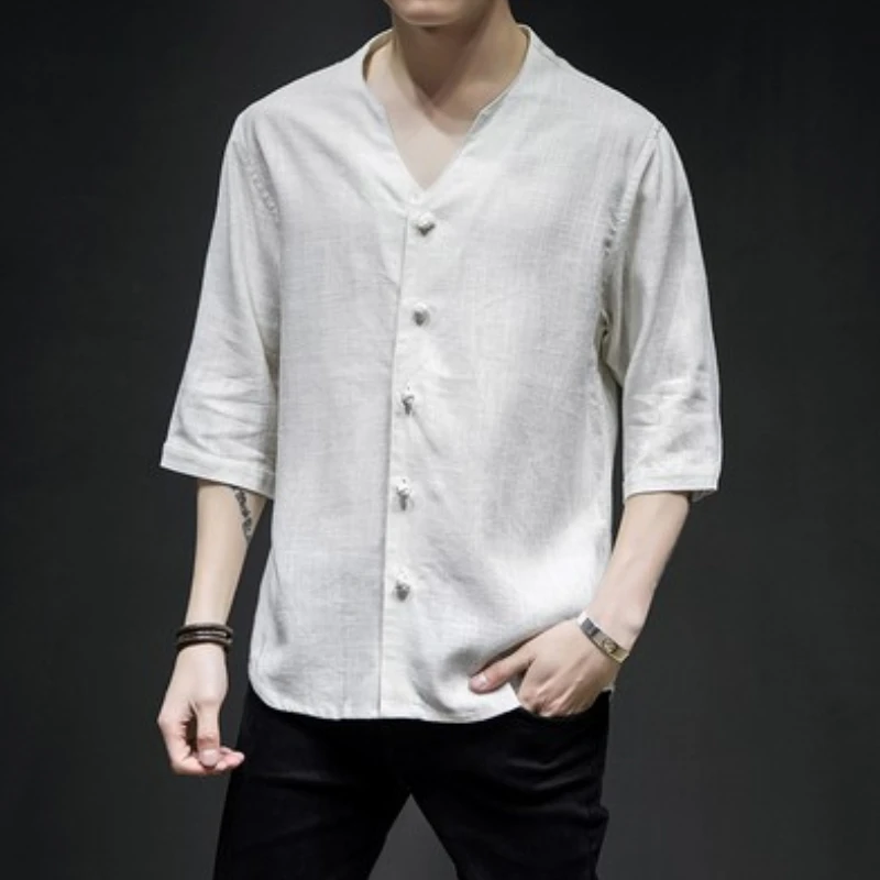 

Camisa Masculina 2022 Summer New Cotton Linen Button Five-point Sleeve Shirt Casual Oversized Shirt Short Sleeve Mens Clothing
