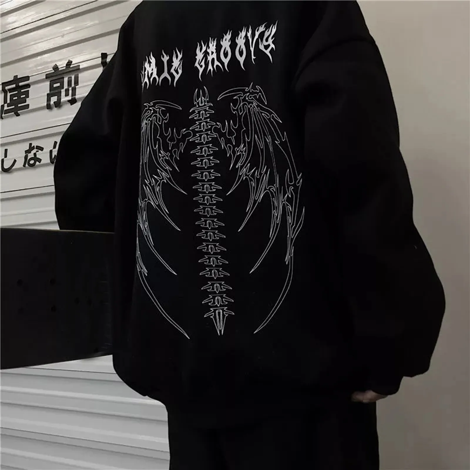 

Solid Color Hoodie Y2k Sweatshirts Gothic Skeleton Print Sweater Korean Style Hoody Pullover Long Sleeve Blouses Black Tops