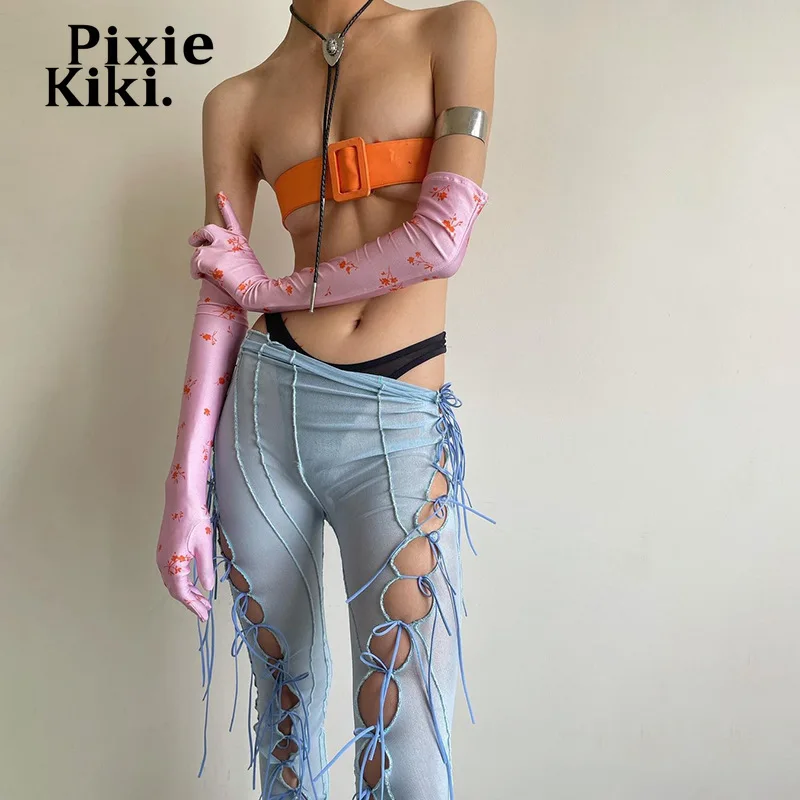 

Женские расклешенные брюки PixieKiki, прозрачные сетчатые брюки с вырезом на шнуровке, уличная одежда, наряды Феи гранж для вечеринки, фестиваля...