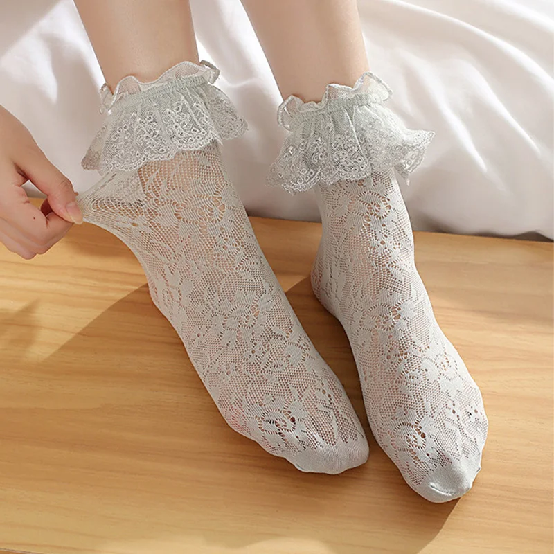 

Women Sexy Ruffle Princess Socks Frilly Lace Short Socks Ankle Fishnet Maiden Sweet Cute Lolita