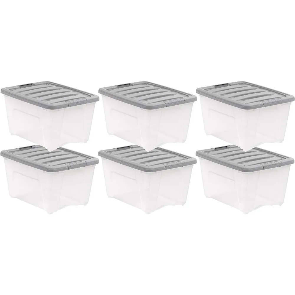 

Amazon Basics 32 Quart Stackable Plastic Storage Bin with Latching Lid- Clear/ Grey- Pack of 6
