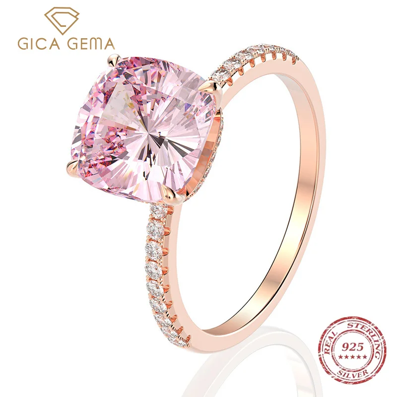 

GICA GEMA 925 Sterling Silver Wedding Rings For Women Sparkling 10*10mm Pink High Carbon Diamond Sparkling Party Fine Jewelry