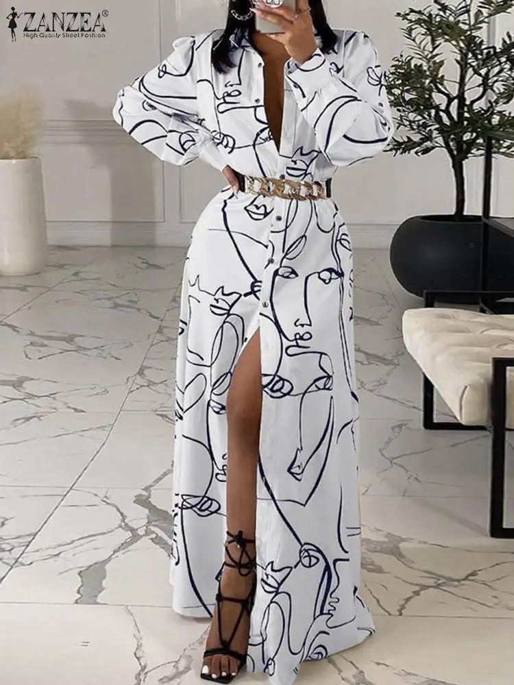 

ZANZEA Holiday Long Shirt Dress 2022 Fashion Printed Shirt Robe Femme Women's Spring Elegant Vestidos Casual Party Sexy Dresses