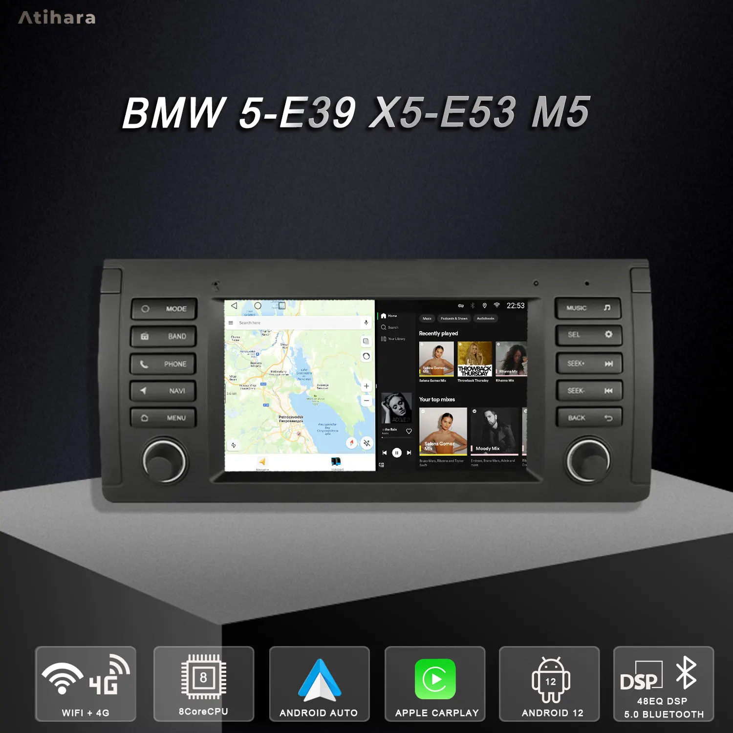 Atihara 7 &quotCarplay Android Auto Авто Радио для BMW 5-E39 X5-E53 M5 2Din 4G Wi-Fi Мультимедийный плеер Аудио