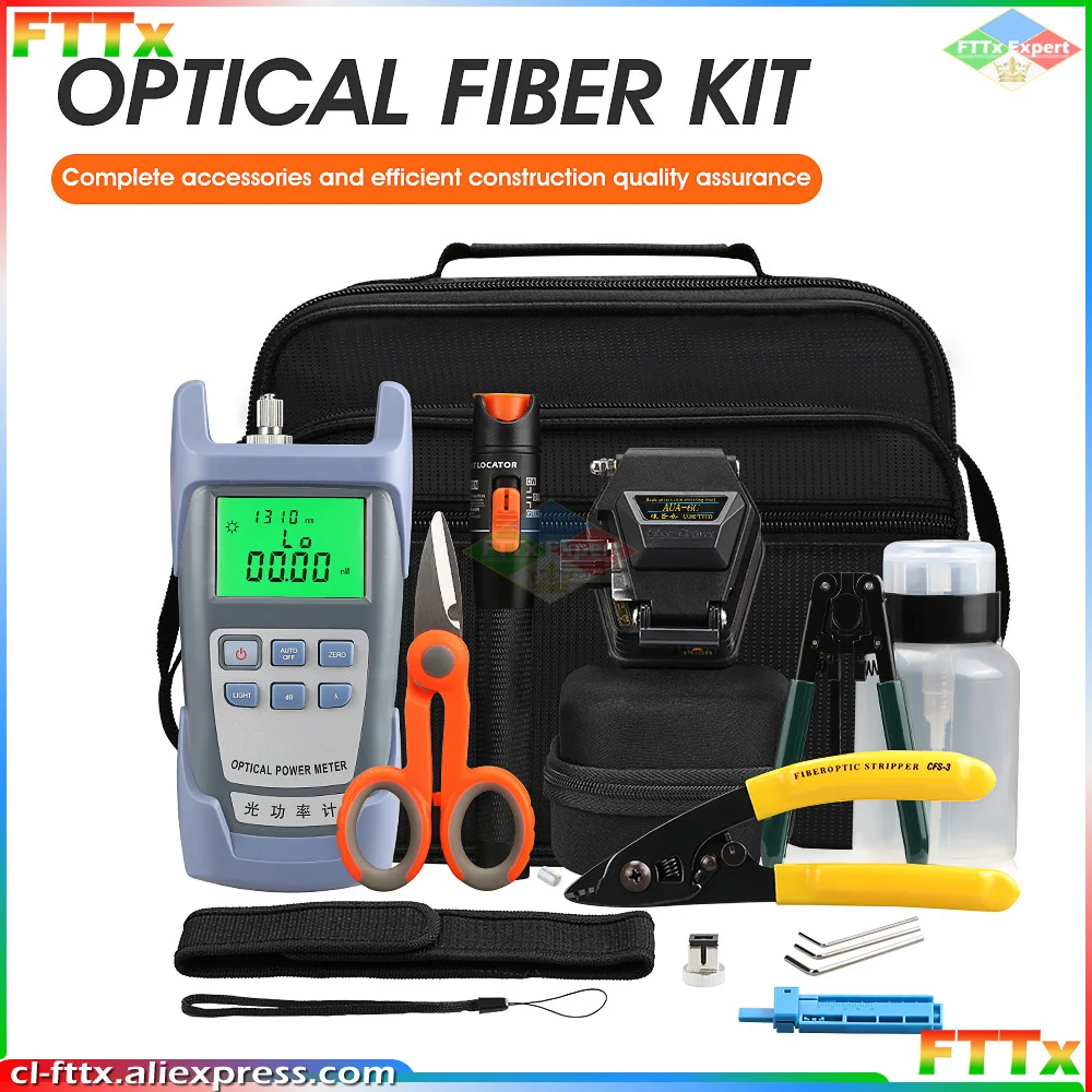

Fiber Optic FTTH Tool Kit with AUA-6C Fiber Cleaver Optical Power Meter 10MW Visual Fault Locator Wire stripper Lowest price