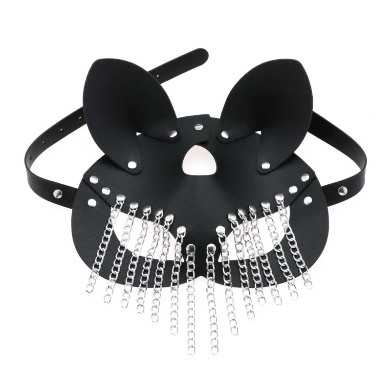 

PU Leather Mask with Chain Tassels for Women Men Costume Cosplay Halloween Mask Mysterious Half Face Punk Mask