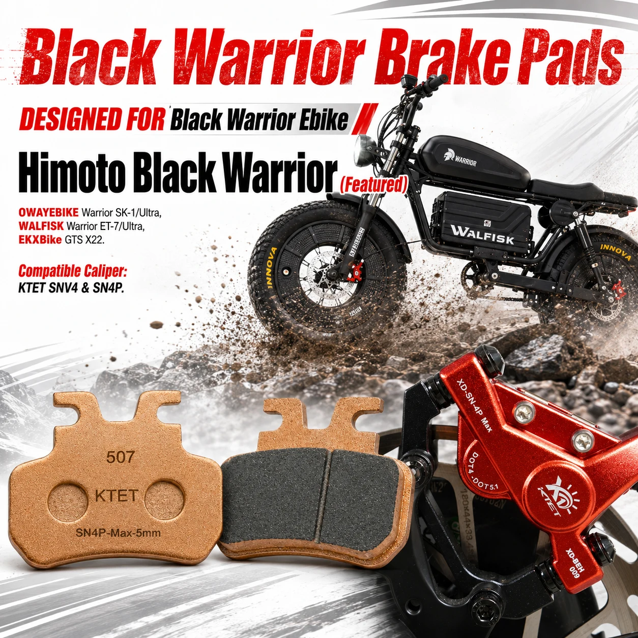 Фото Тормозные колодки Black Warrior полуметаллические Warrior Spirit для WALFISK ET-7, ET-7 Ultra, EKXBike, GTS X22, KTET, SN-V4, XD-SN-4P №3