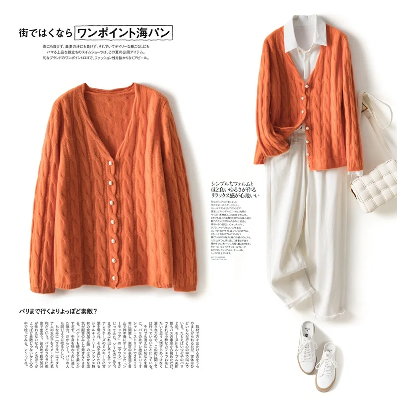 

Новинка Осень-зима 2023, вязаный кардиган из чистой шерсти, Женский плотный свитер с V-образным вырезом, пальто, Женский Топ