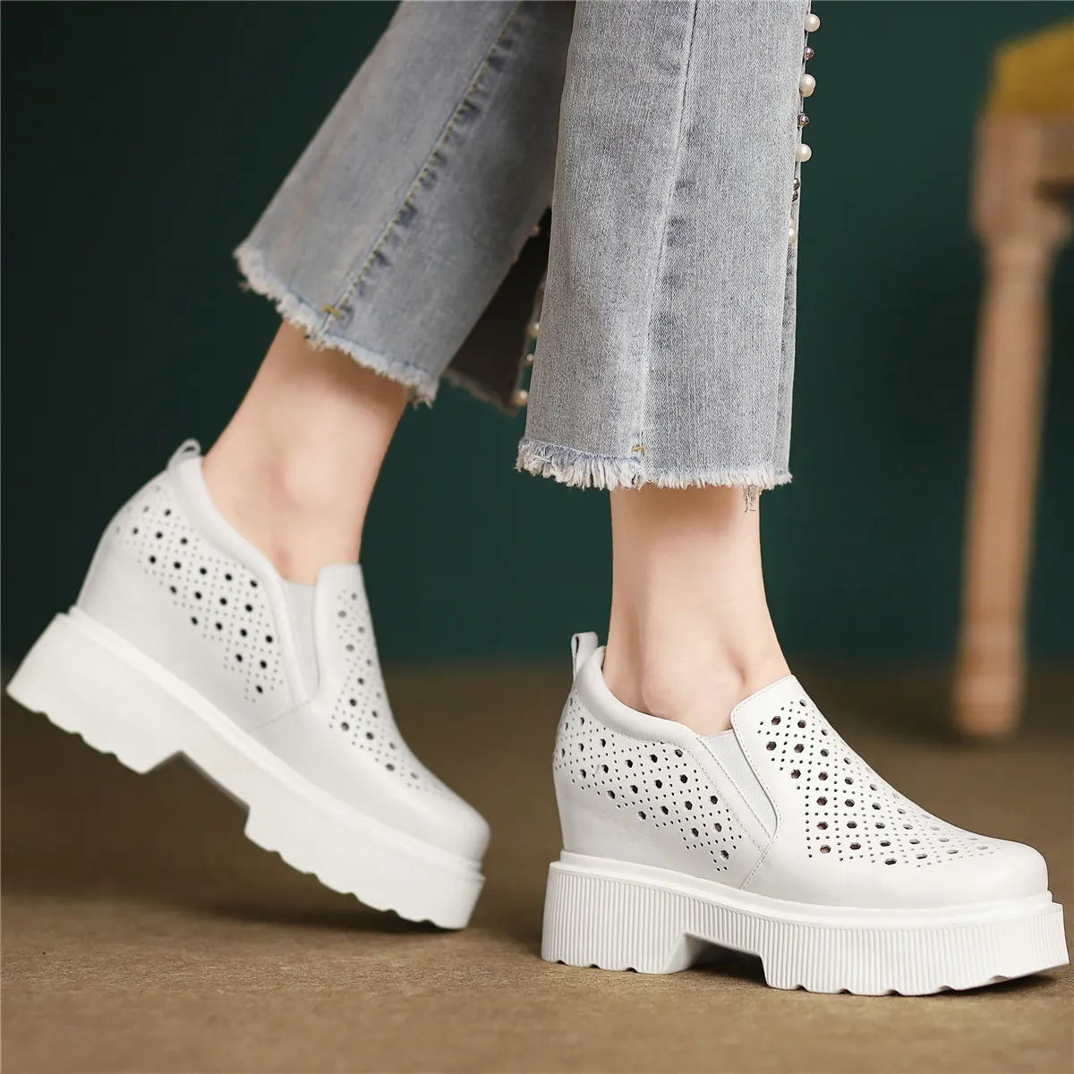 2022 Fashion Sneakers Women Slip On Genuine Leather High Heel Ankle Boots Female Summer Square Toe Platform Pumps Casual Shoes