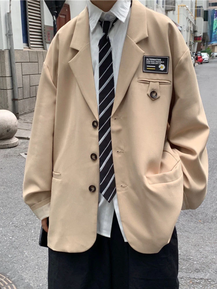 

2022 Spring Autumn Suit Set Male Trend Loose Preppy Handsome Jacket + Shirt with Tie +black Pants Men Punk Class Uniform Suits