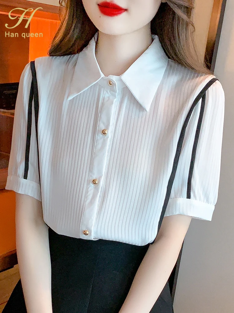 

H Han Queen Summer Wear Work Female Blouses Colorblock Simple Shirt Tops Korean Casual Chiffon Blouse Occupation Women Blusas