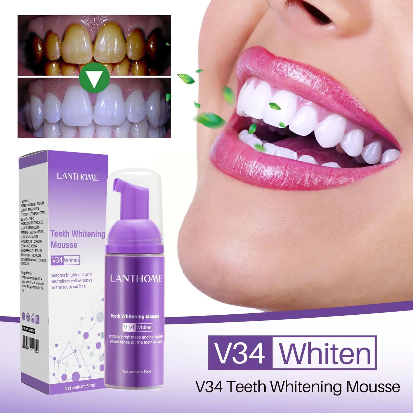 

50ml V34 Teeth Whitening Toothpaste Mousse Natural Wash Mousse Whitening Teethpaste Hygiene Breath Dental Teeth Oral Care Tool