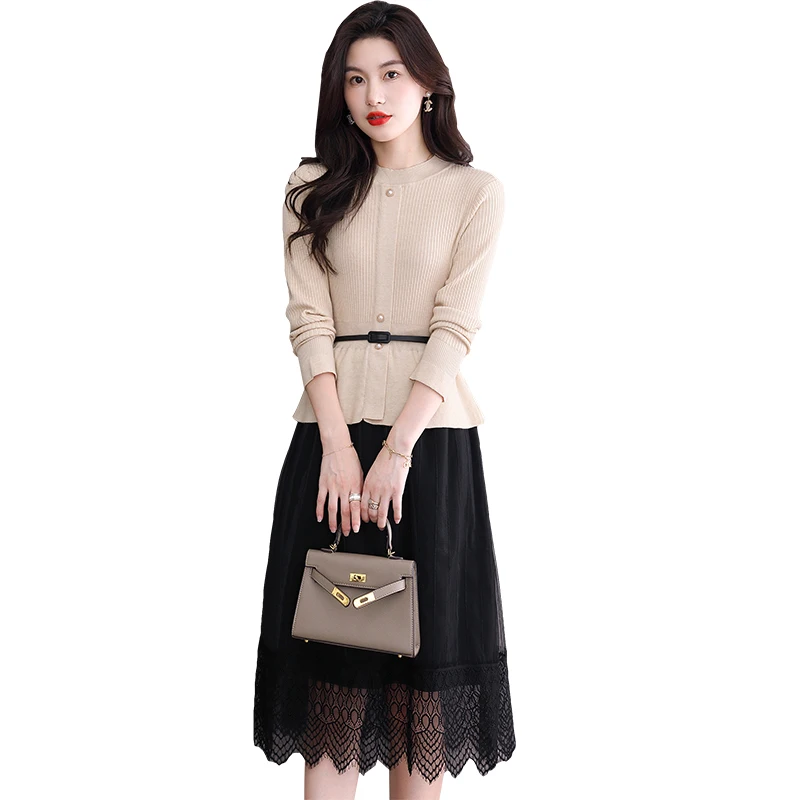 New Design Women's Lace Bottom Sweater Dress Korean Fashion Elastic Lace Patchwork Dresses Ladies Slim Waist Knit A-Line Dress