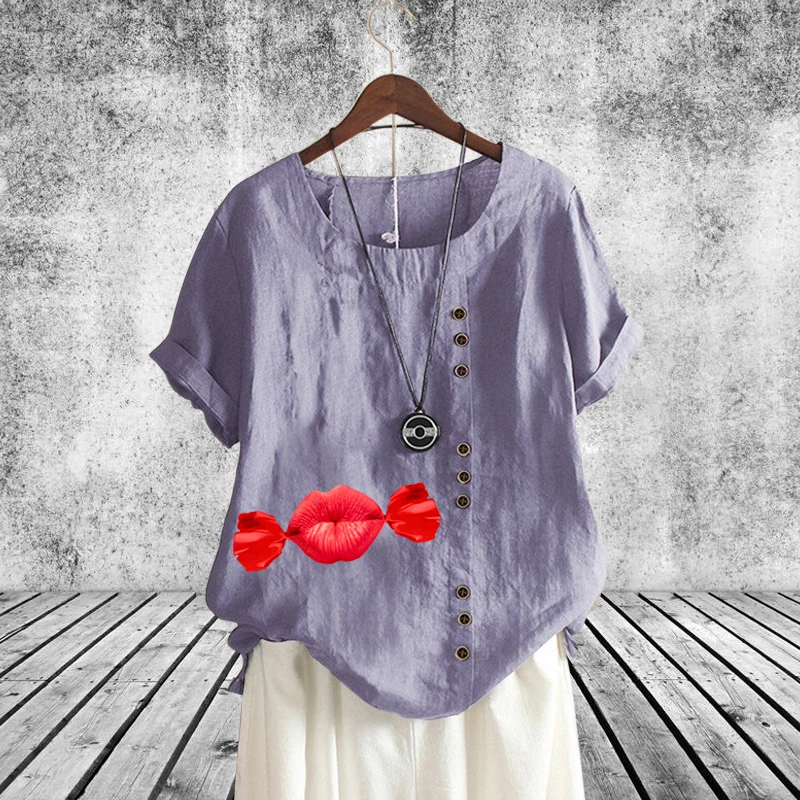 

Новая летняя Милая свободная футболка с персонализированным принтом губ, удобный женский льняной однотонный топ с круглым вырезом и коротк...