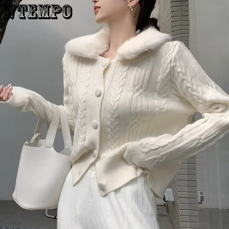 

WTEMPO Casual Sweater Women Korean Fashion Turn Down Collar Solid Color Long Sleeve Knitted Cardigan Single-breasted Top