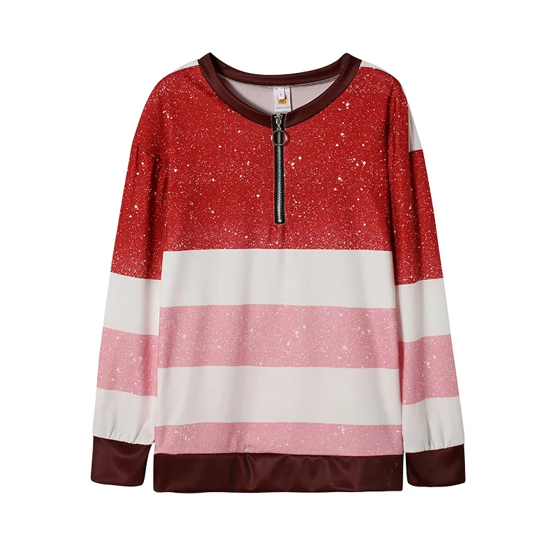Striped Digital Printing Sweatshirts Women Loose Zipper V-neck Pullovers Tops Autumn Winter Ladies Long Sleeve Casual T-shirts