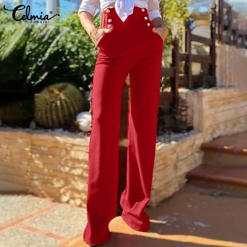 

Celmia Women 2022 Fashion Wide Leg Long Pants Office Lady Leisure High Waist Buttons Trousers Casual Loose Solid Zipper Slacks