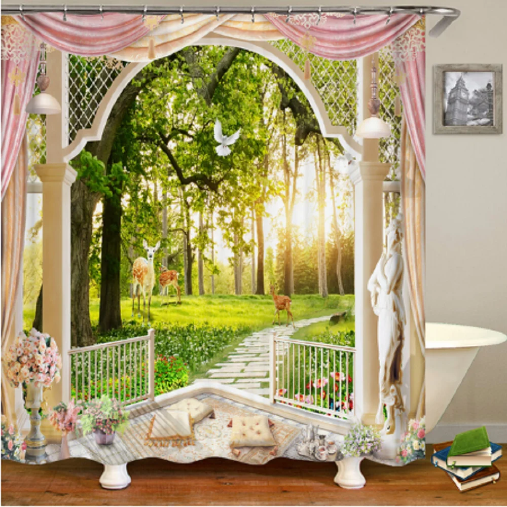 

Old Stone Arch Garden Shower Curtain Rural Garden Plants Flowers Animal Scape Bath Curtains Waterproof with Hooks Bathroom Decor