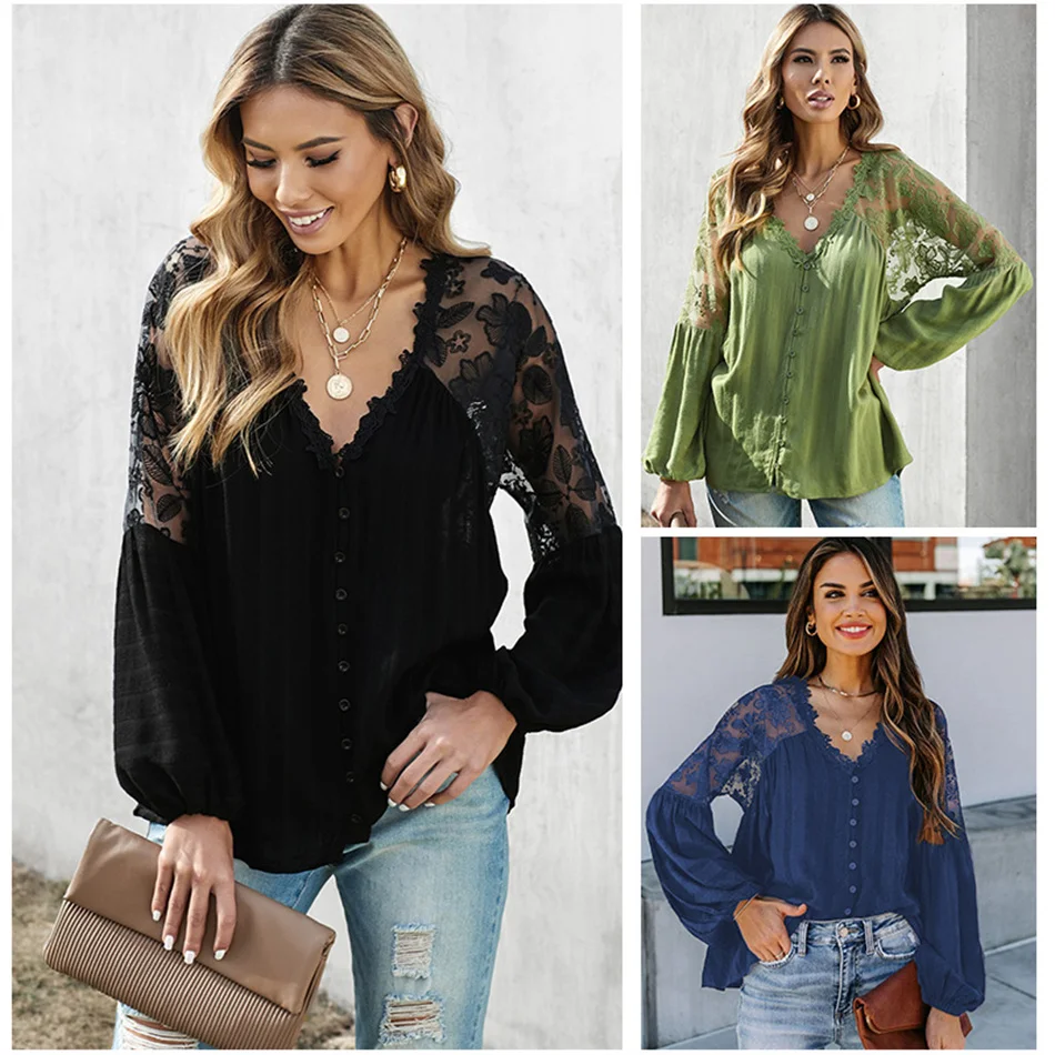 

Spring Autumn Elegant Women Chiffon Shirt Long Sleeve Solid Coloer Top Lace Office Style Blusas mujer de moda High Quality