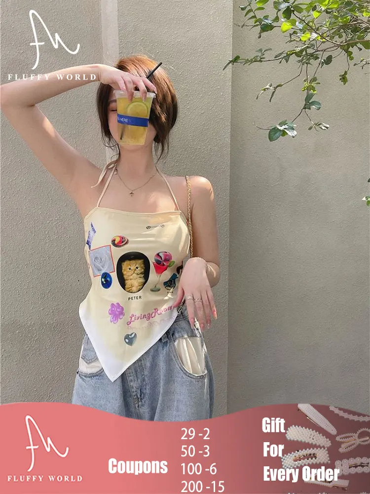 

Fashion Trend Women Sexy Crop Top Halter Straps Sleeveless Backless Apricot Kitten Print Chic Camis Tank Sweet and Cute Tops