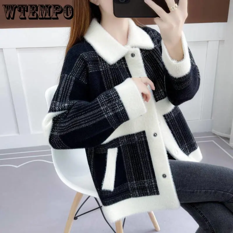 

Женский зимний Кардиган из смесовой шерсти, куртка с костюмным воротником и карманами из искусственной норки и бархата, Корейская версия