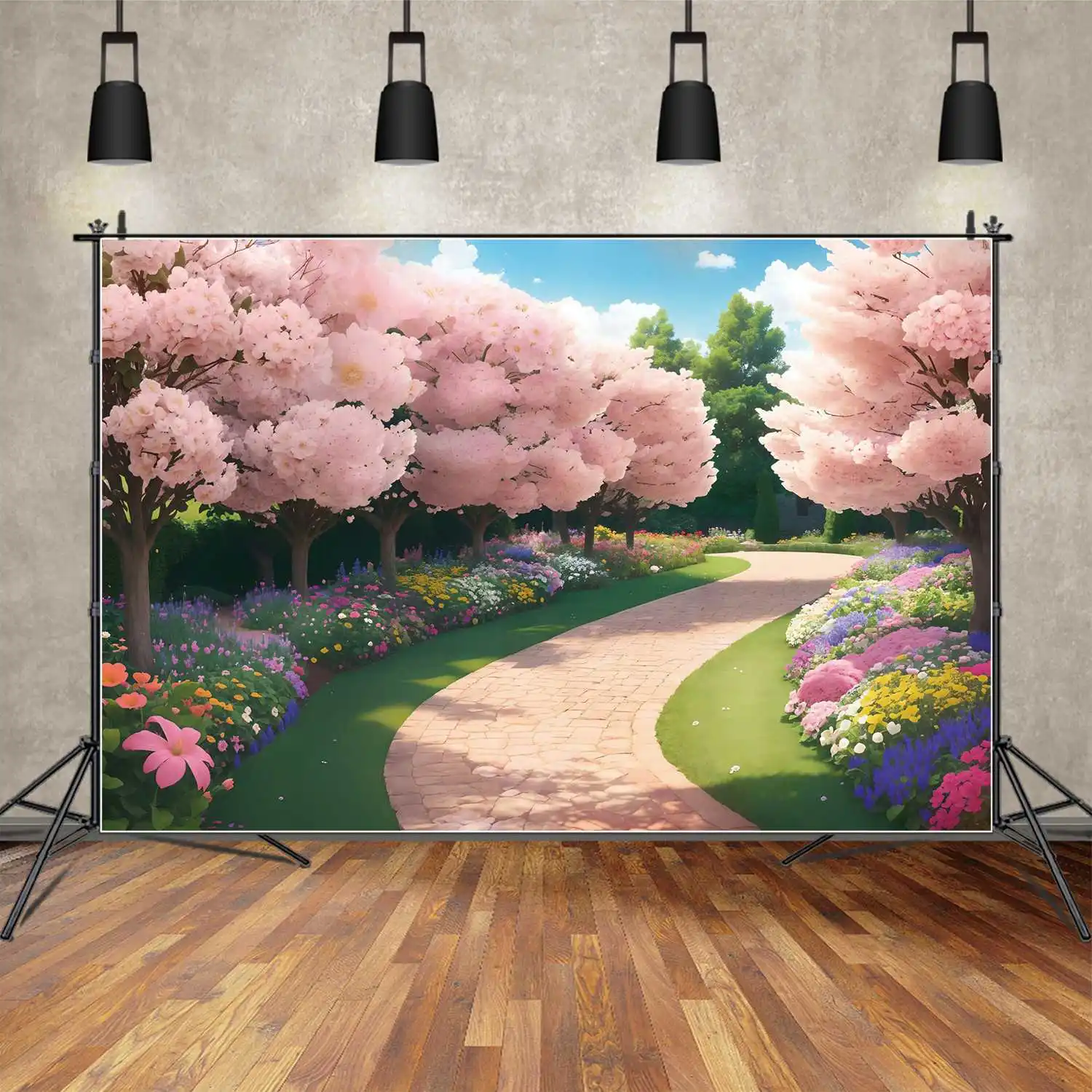 

Garden Floral Road Photography Backdrops Decor Pink Blossom Custom Children'S Photobooth Photographic Backgrounds Props