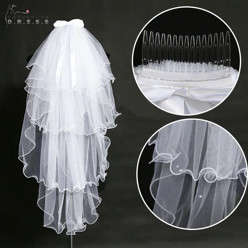 

Voile Mariage 1.5 M Four Layers White Ivory Short Wedding Veil With Pearls Bridal Veil With Comb Bowknot Veu de Noiva