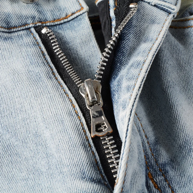 High Street Fashion Men Jeans Retro Light Blue Stretch Skinny Fit Ripped Jeans Men Beading Patched Designer Hip Hop Brand Pants