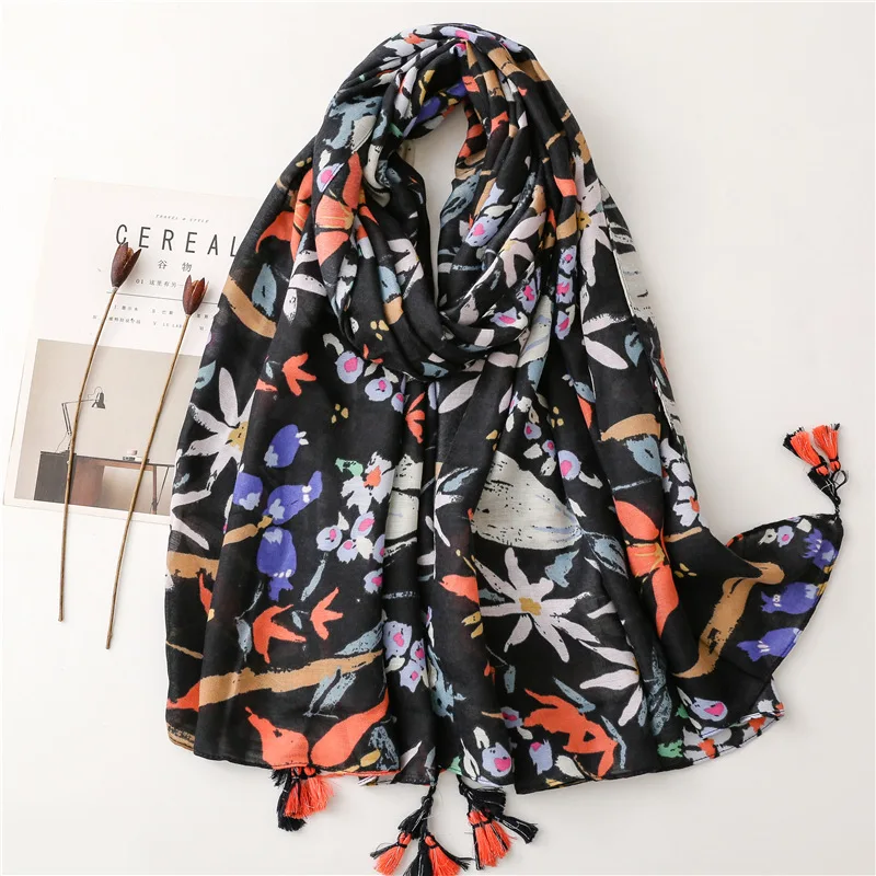 

2022 New Black Colorful Tropical Plant Flower Cotton Linen Soft Satin Cotton Beach Towel Shawl Silk Scarf Ladies